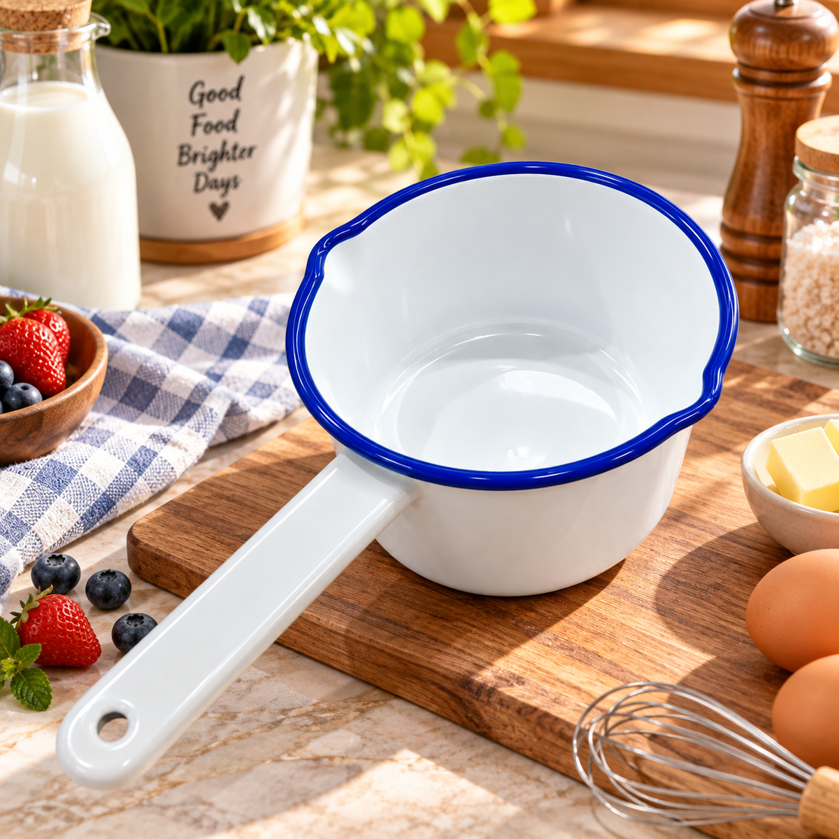 Enamel Milk Pan – 14cm White with Blue Rim