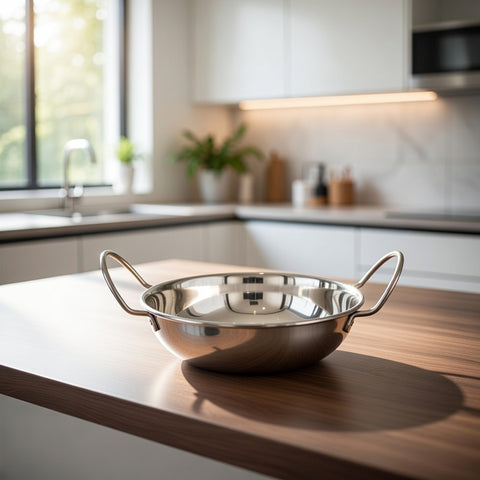 18cm Stainless Steel Balti Dish Kadai – Dual Side Handles, Mirror Finish, Ideal for Cooking & Serving Traditional Curries