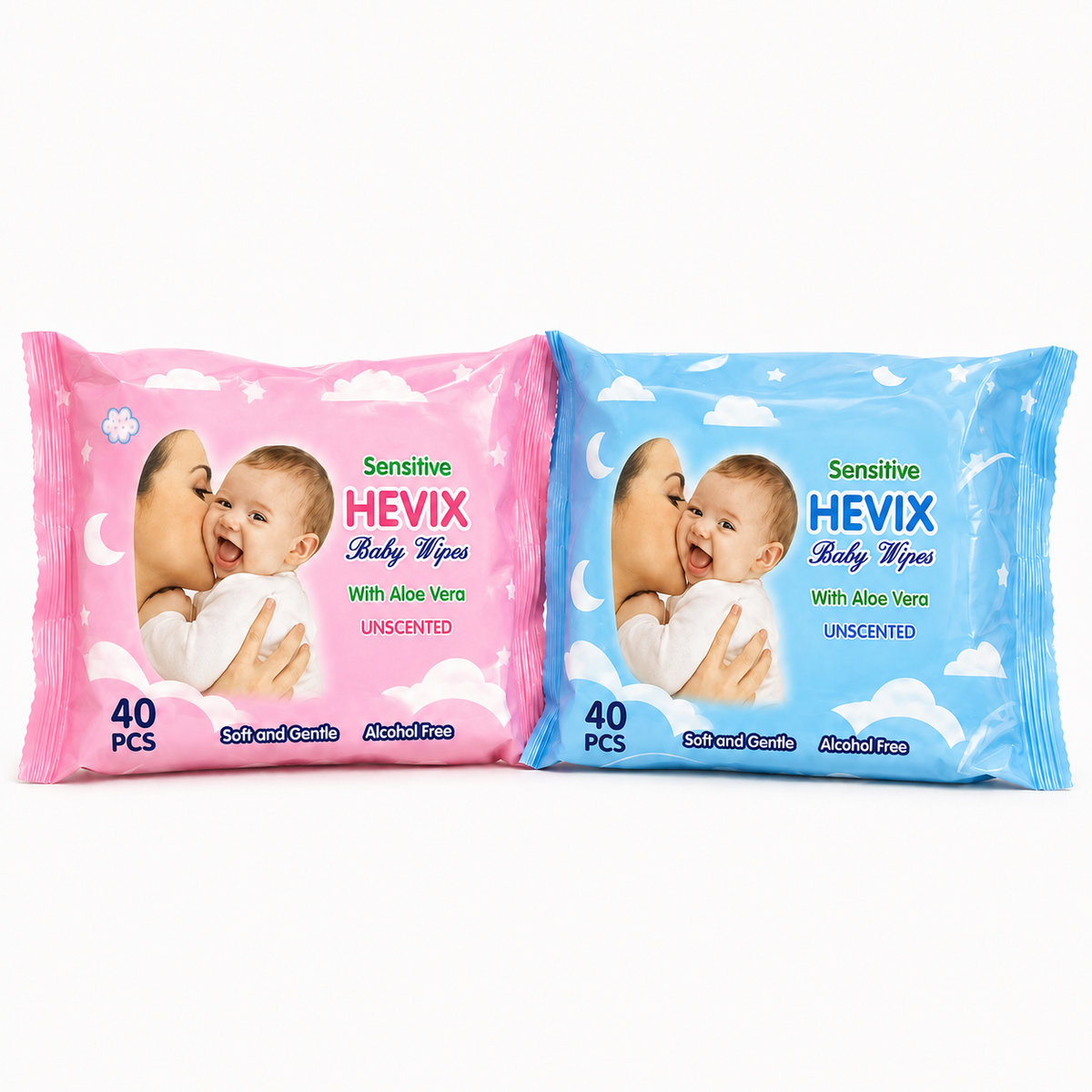 40 Unscented Sensitive Baby Wipes with Aloe Vera | Pink & Blue Packs