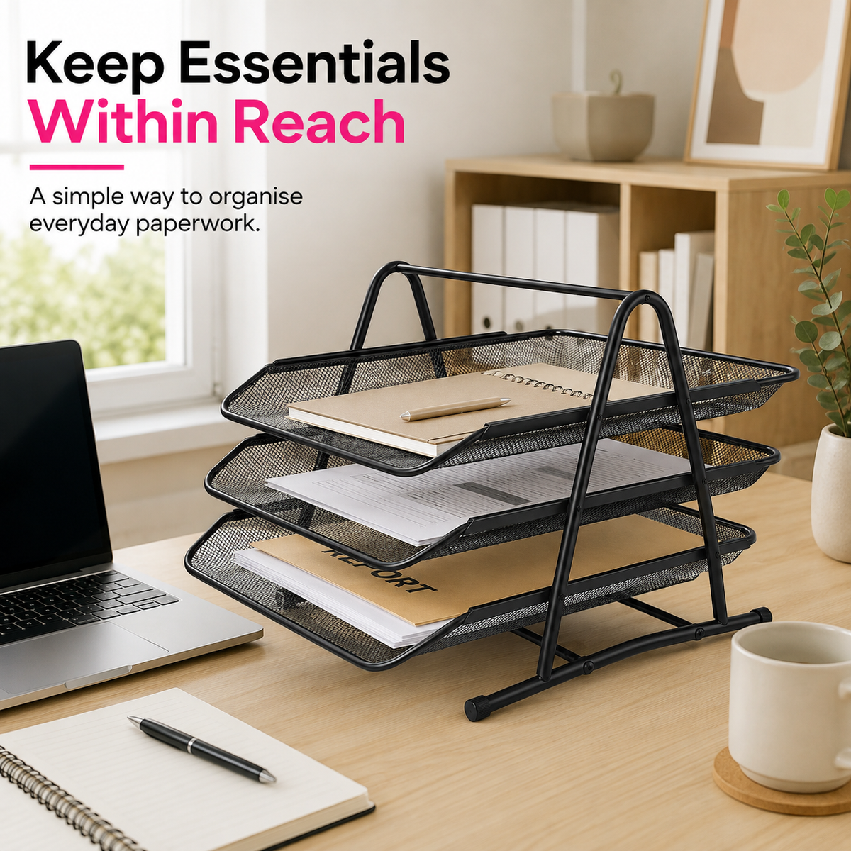 3-Tier Mesh Document Tray – Stackable Desktop Paper & File Organizer