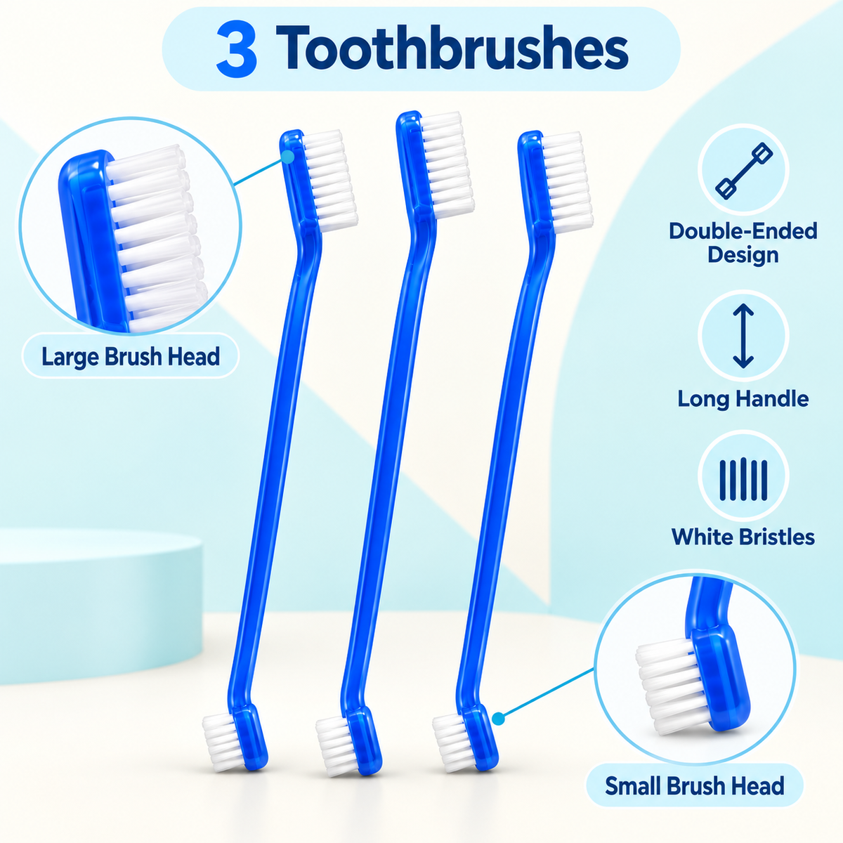 3-Pack Blue Double-Ended Dog Toothbrushes with Large and Small Brush Heads