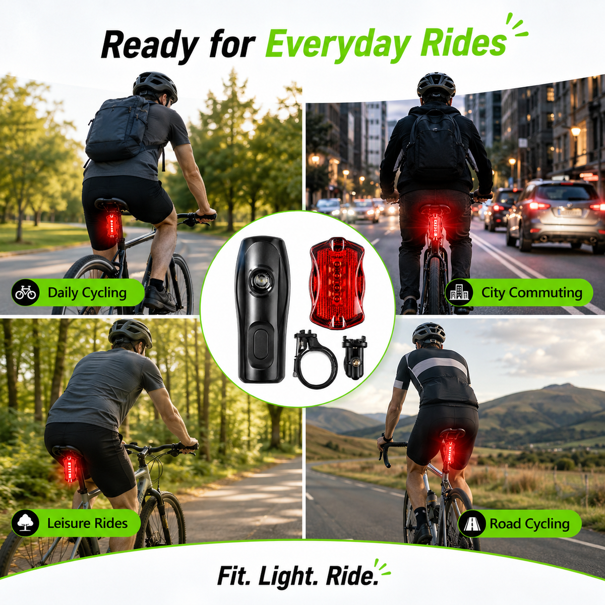 LED Bicycle Front & Rear Light Set – Headlight & Red Tail Light with Mounting Brackets