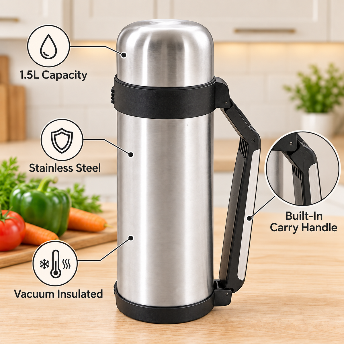 Stainless Steel Vacuum Flask with Handle – 1.5L