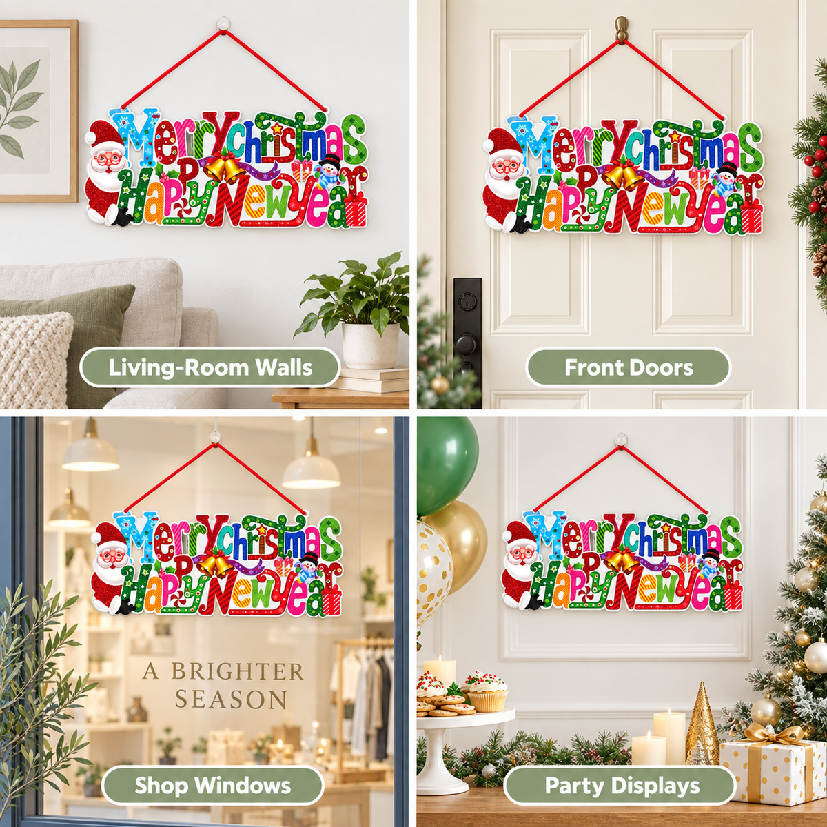 Glitter Merry Christmas Happy New Year Hanging Banner, 19x51cm