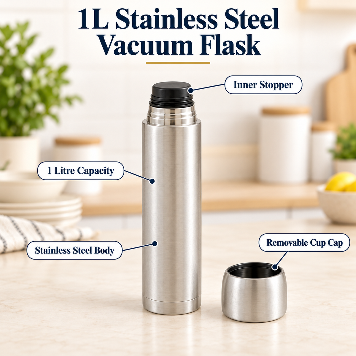 1L Stainless Steel Vacuum Flask Silver