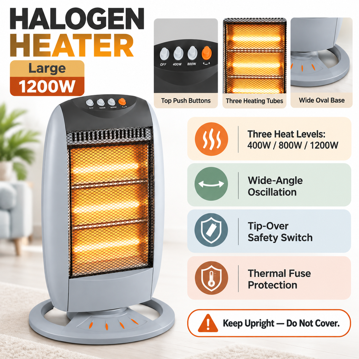 Single 1200W 3-Bar Oscillating Halogen Heater – Grey