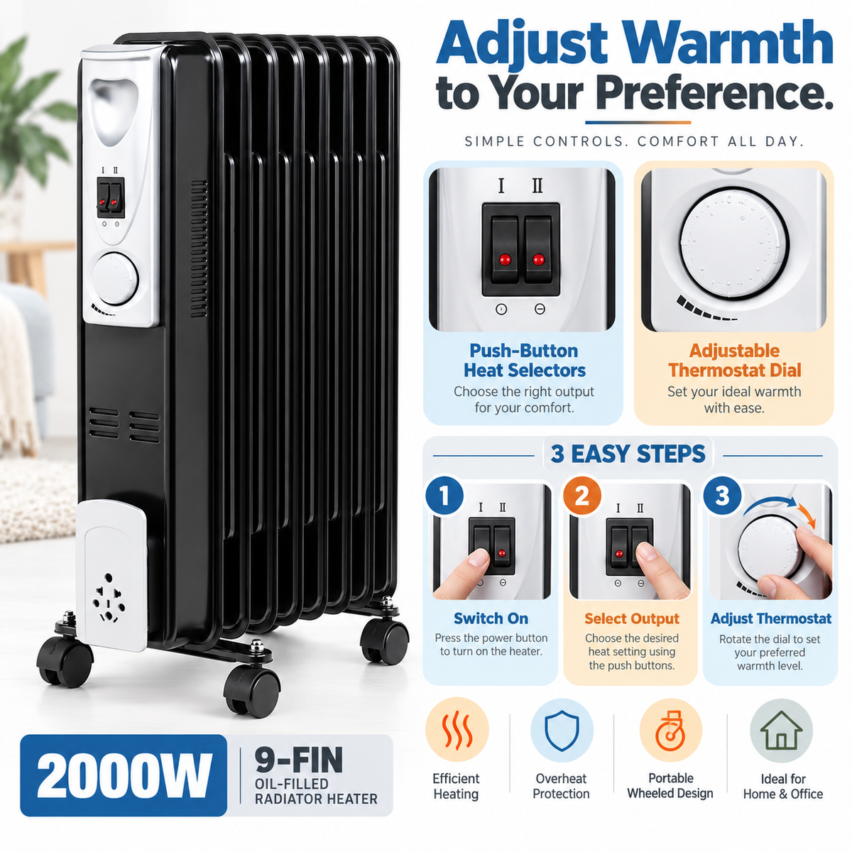 Single 2000W 9-Fin Oil-Filled Radiator Heater – Black
