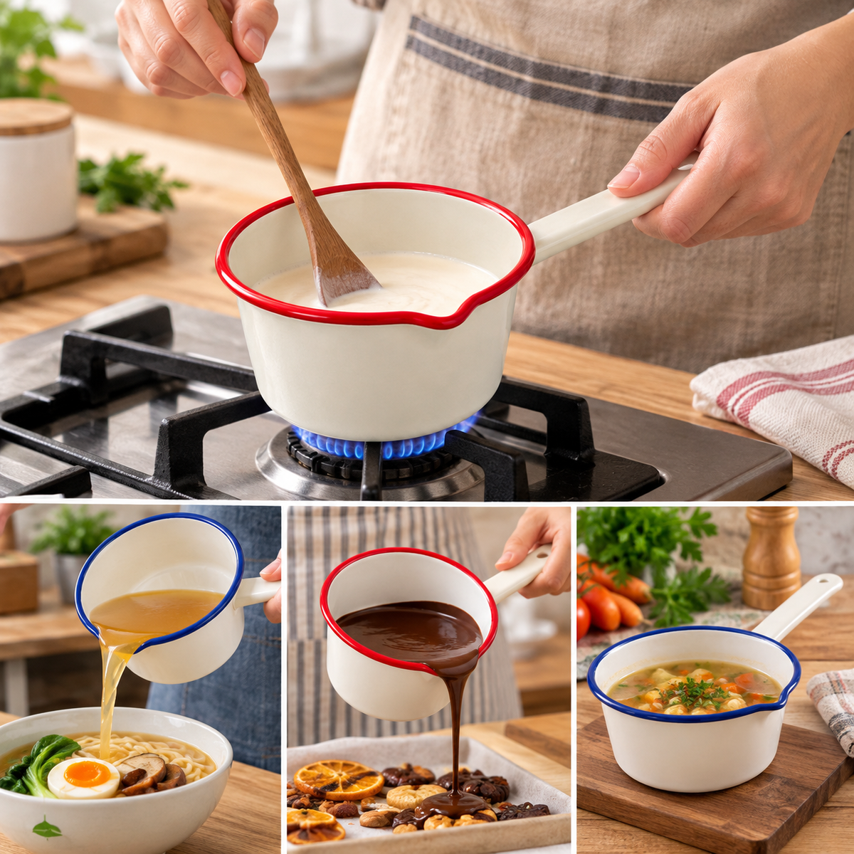14cm Enamel Milk Pan – Cream/Red or White/Blue