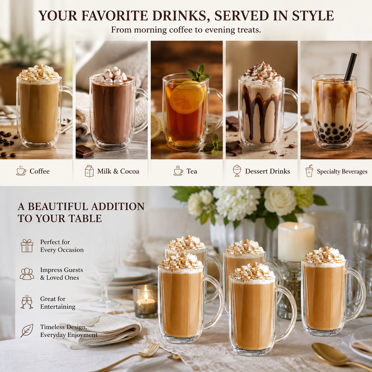 Caramel Glass Mugs 360ml – 6 Piece Set