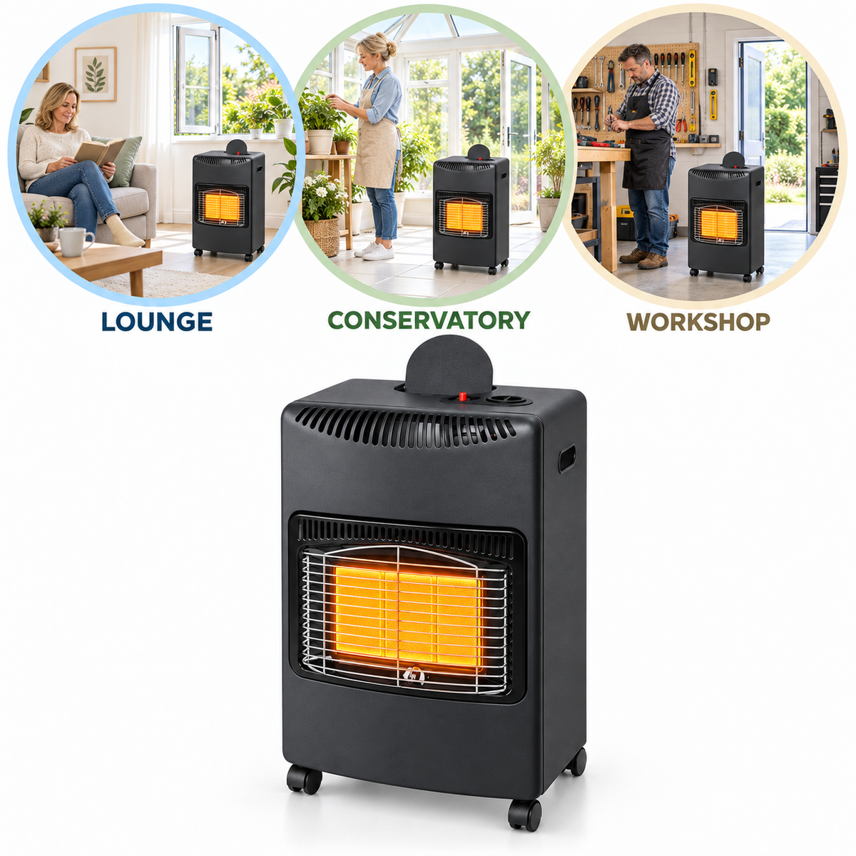 Single 4.2kW Portable Gas Heater with Hose & Regulator – Black