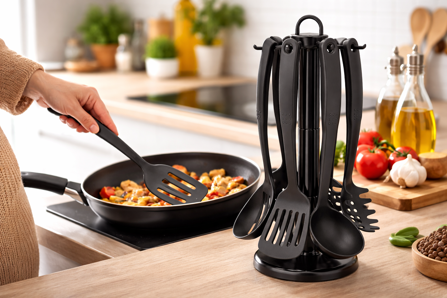 6 Piece Black Nylon Kitchen Utensil Set with Rotating Stand – Spatula Serving Spoon Pasta Fork Skimmer Carousel Holder
