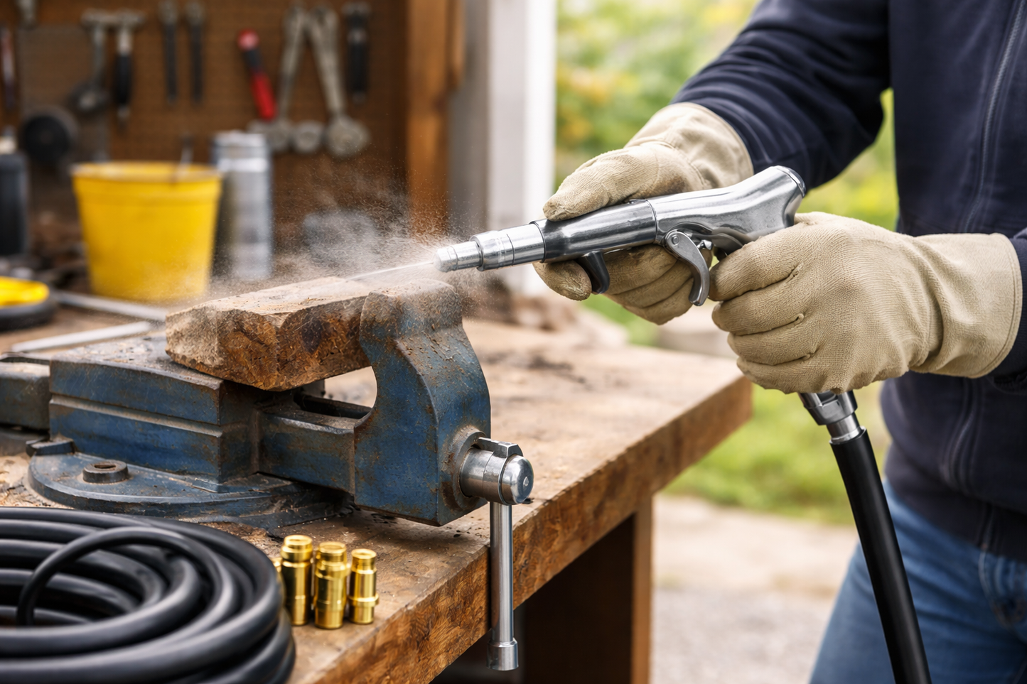 Air Sandblasting Kit – Cast Aluminium Pistol Gun, 1.5m Siphon Hose, 3 Nozzles, 30–73 PSI, 1/4" BSP
