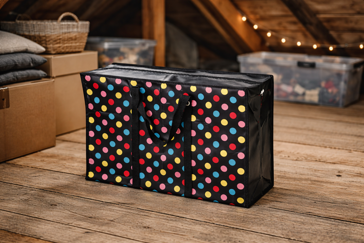 Zip Storage Bag Polka Dot – Small 50x35x25cm, Woven PP, Laundry Shopping Bag, Black