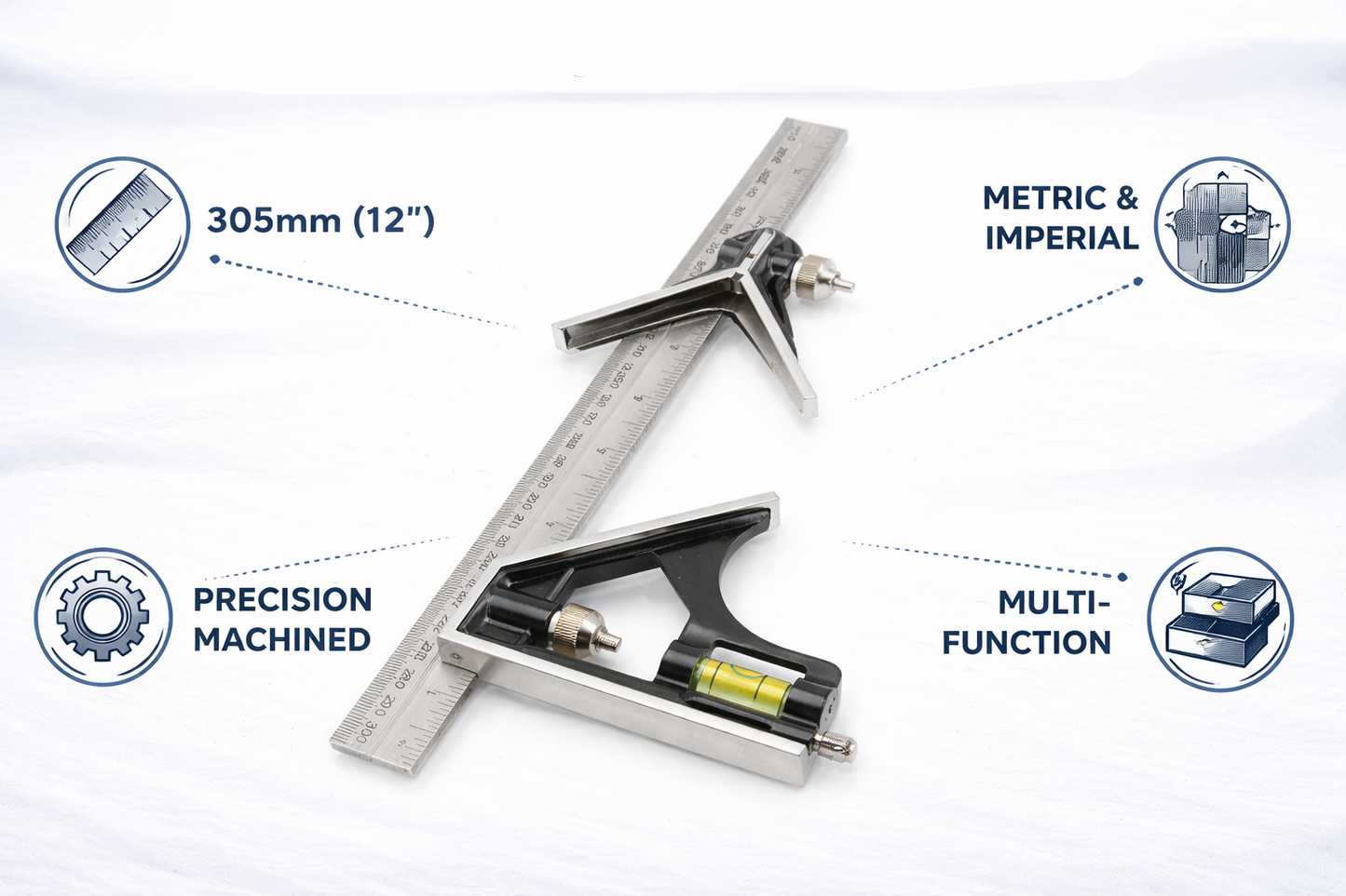 305mm Combination Square with Spirit Level and Scriber — 12" Metric & Imperial Graduated Rule with Machine Milled Faces