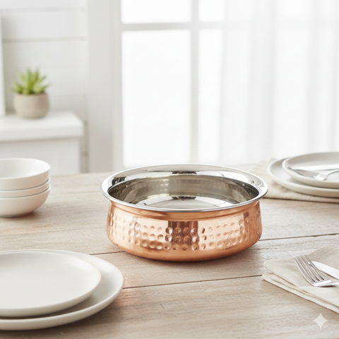 13cm Copper & Stainless Steel Handi Balti Dish – Hammered Exterior, Polished Interior, Ideal for Serving Curries & Dals