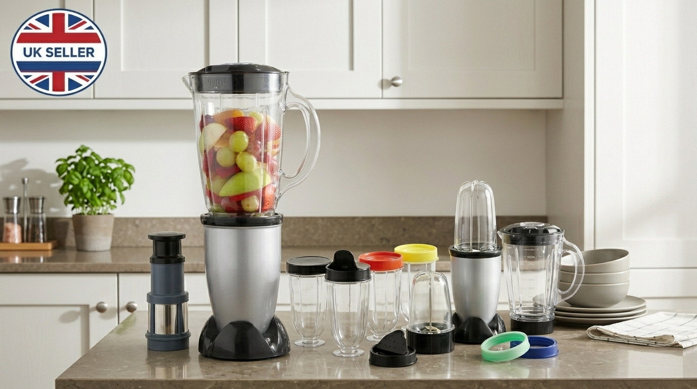 17 Piece Multi Blender Set – Chops, Blends, Grinds, Juices – Large Jug, Personal Cups, Grinding Attachment Included