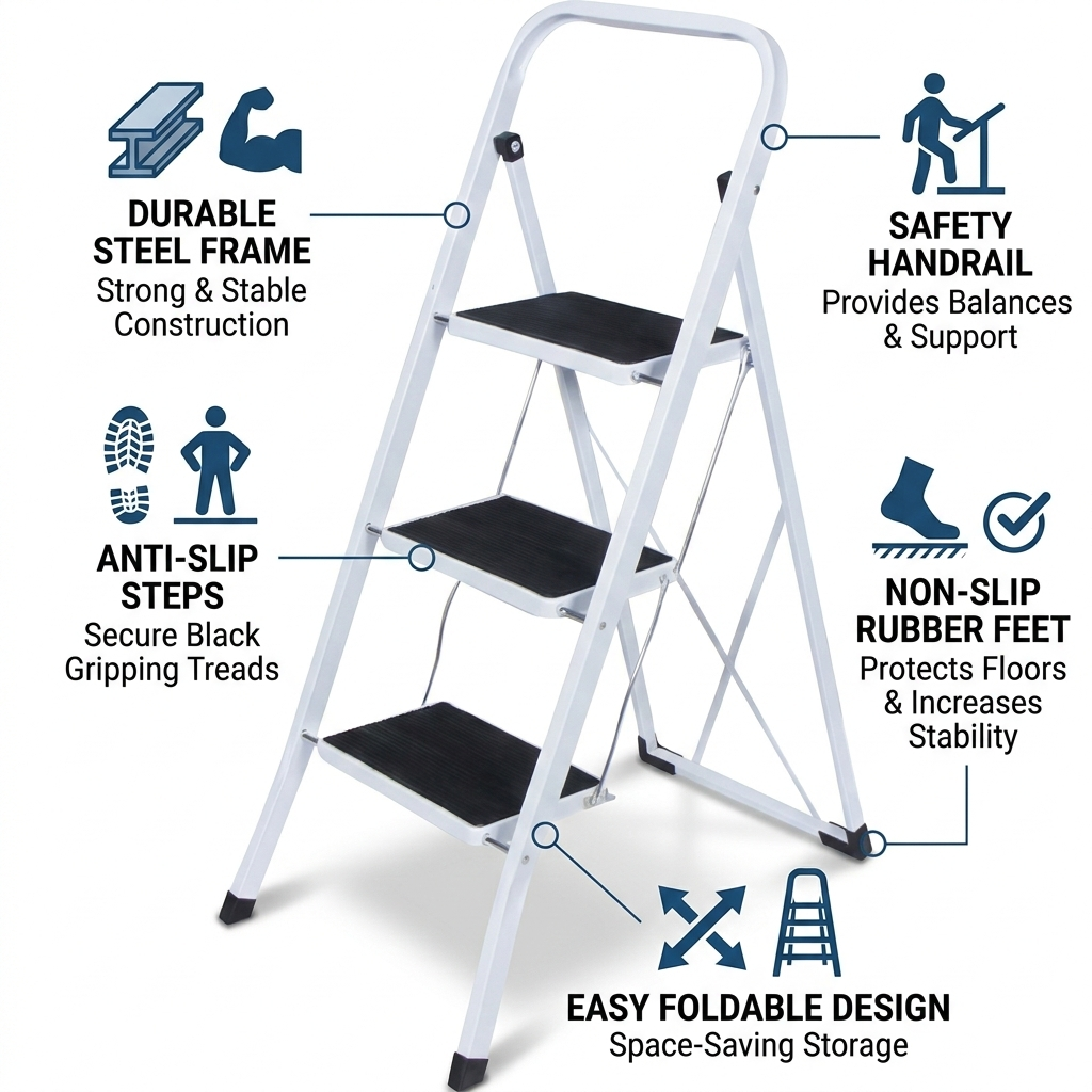 3 Step Folding Steel Step Ladder – Anti-Slip Steps Safety Handle Rubber Feet Lightweight Home Kitchen Loft DIY Use
