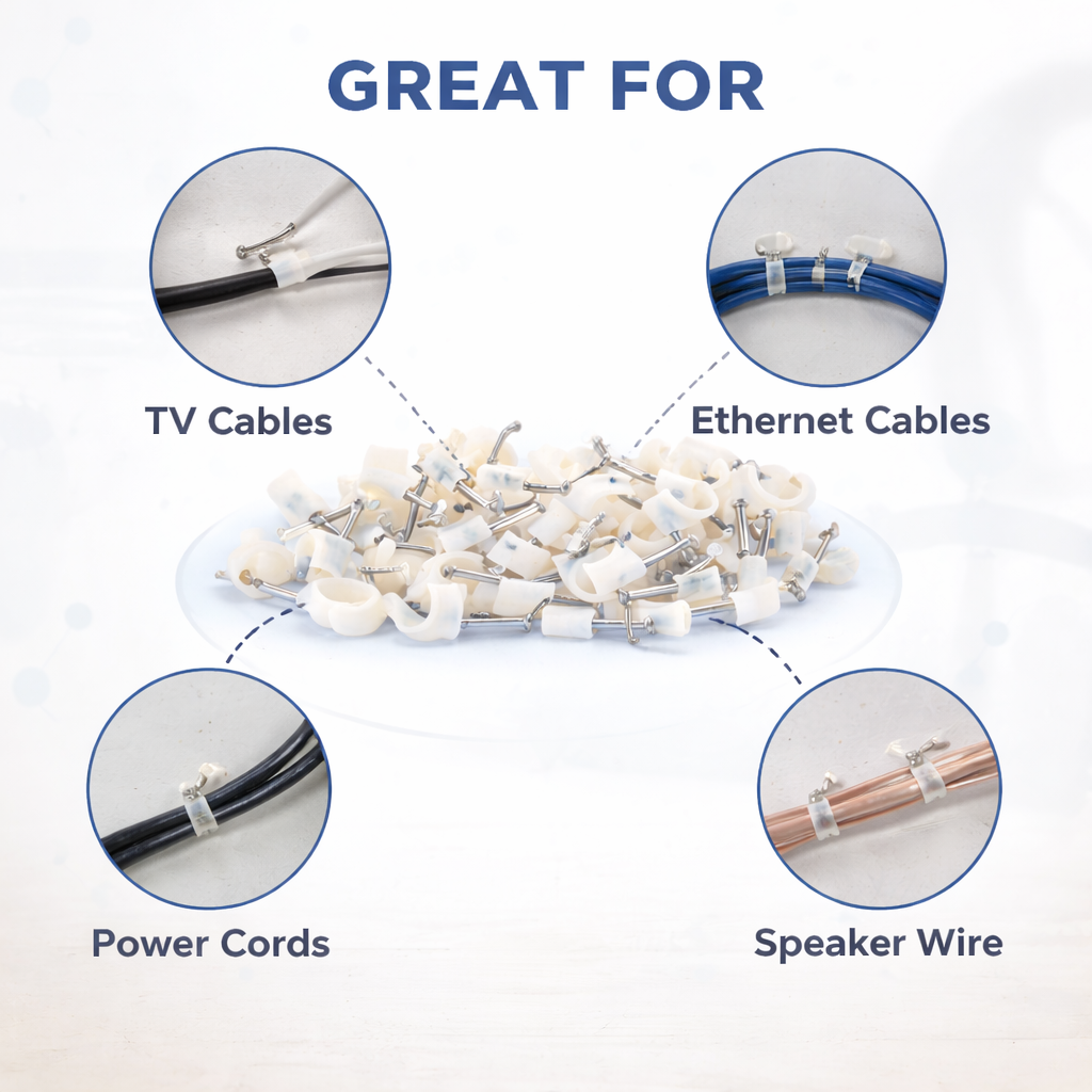 100-Piece Assorted Cable Clips with Nails — 6mm, 8mm & 10mm White Plastic Wire Clips for TV, Phone, Computer & Stereo Cables
