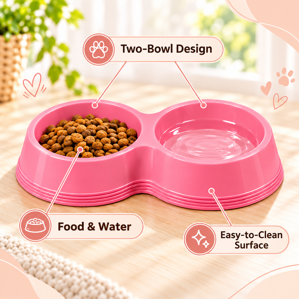 Double Pet Food and Water Bowl with Two Compartments – Lime Green, Sky Blue or Soft Pink
