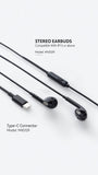 Stereo Earbuds with Type-C Connector & Inline Control Black & White, Lightweight, Travel Friendly, No Charging Requird