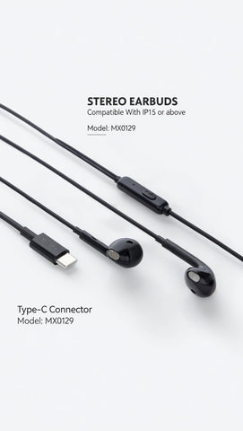 Stereo Earbuds with Type-C Connector & Inline Control Black & White, Lightweight, Travel Friendly, No Charging Requird