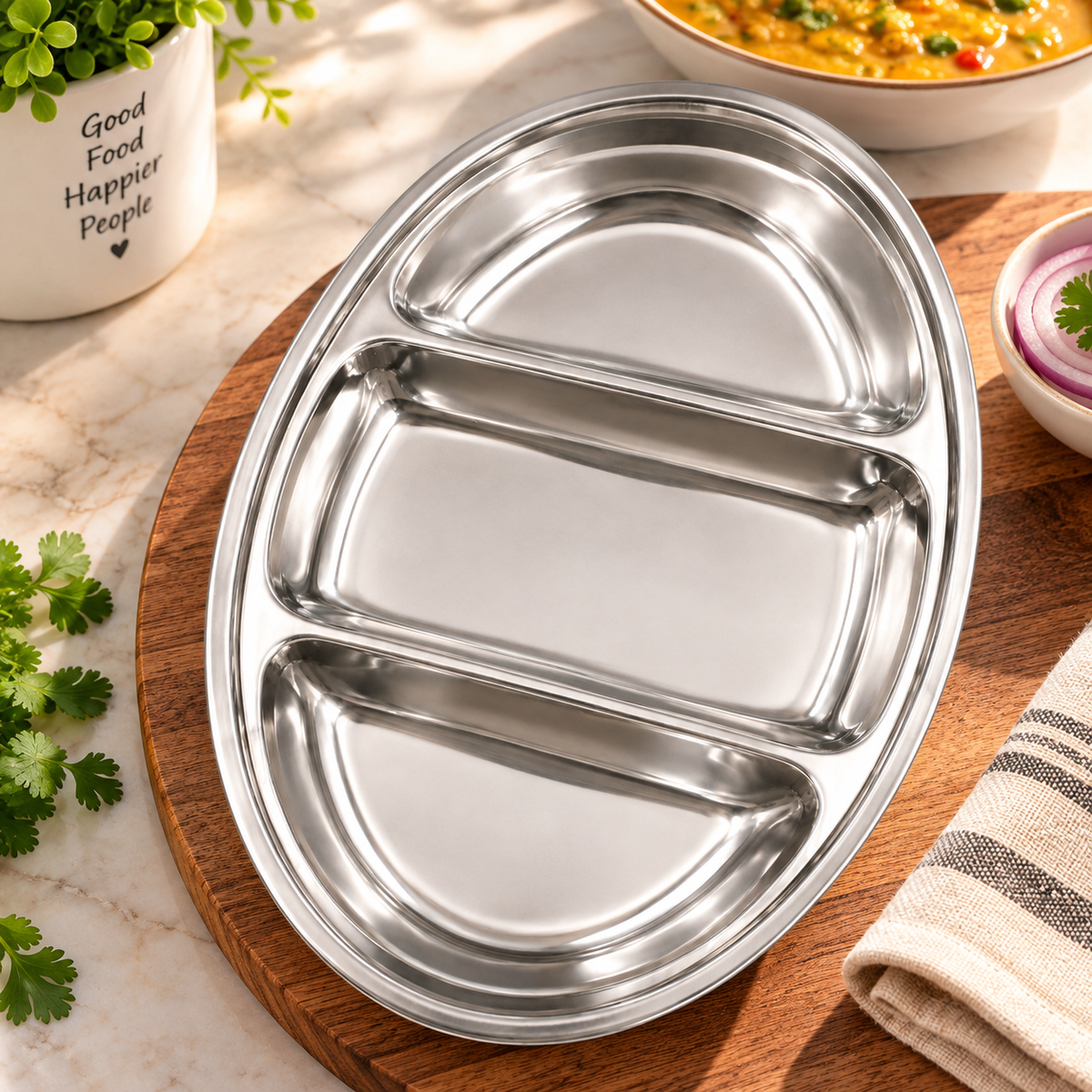 Stainless Steel Oval Serving Tray – 3 Compartments 50cm