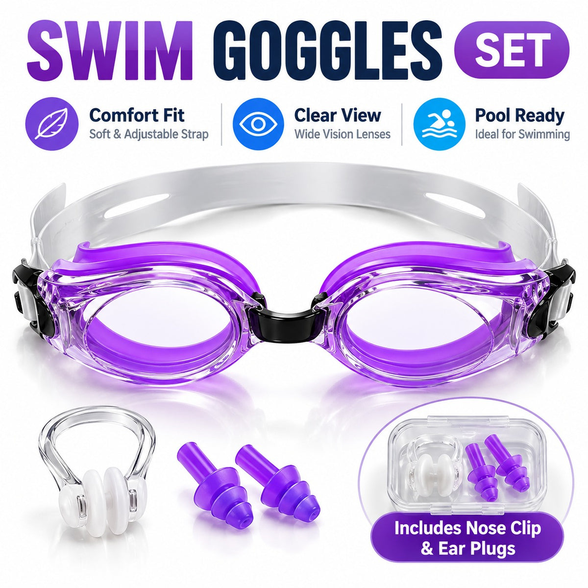 Swimming Goggles Set Purple Yellow Blue