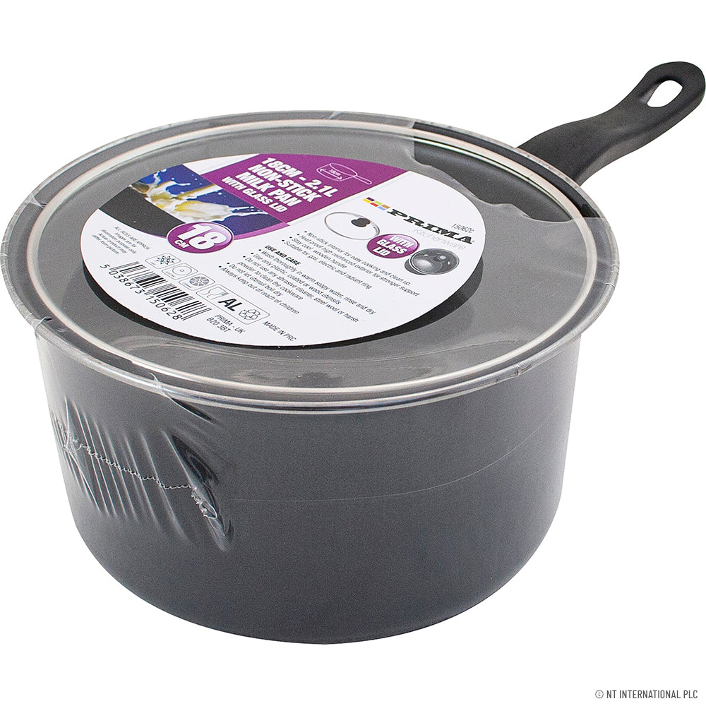 18cm Milk Pan with Glass Lid and Black Handle for Stovetop Cooking