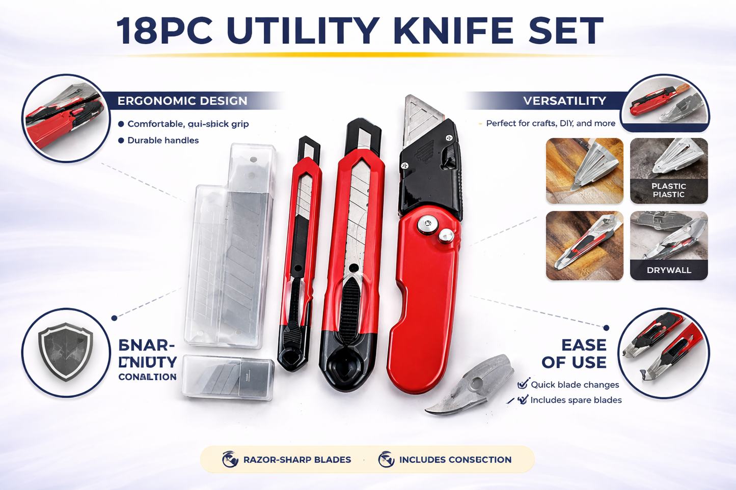 18-Piece Utility Knife Set — 2 Snap-Off Knives, 1 Retractable Utility Knife & 15 Spare Blades for DIY, Craft & Trade Use