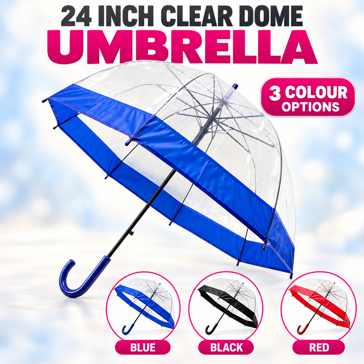 24 Inch Clear Dome Umbrella Blue Black Red