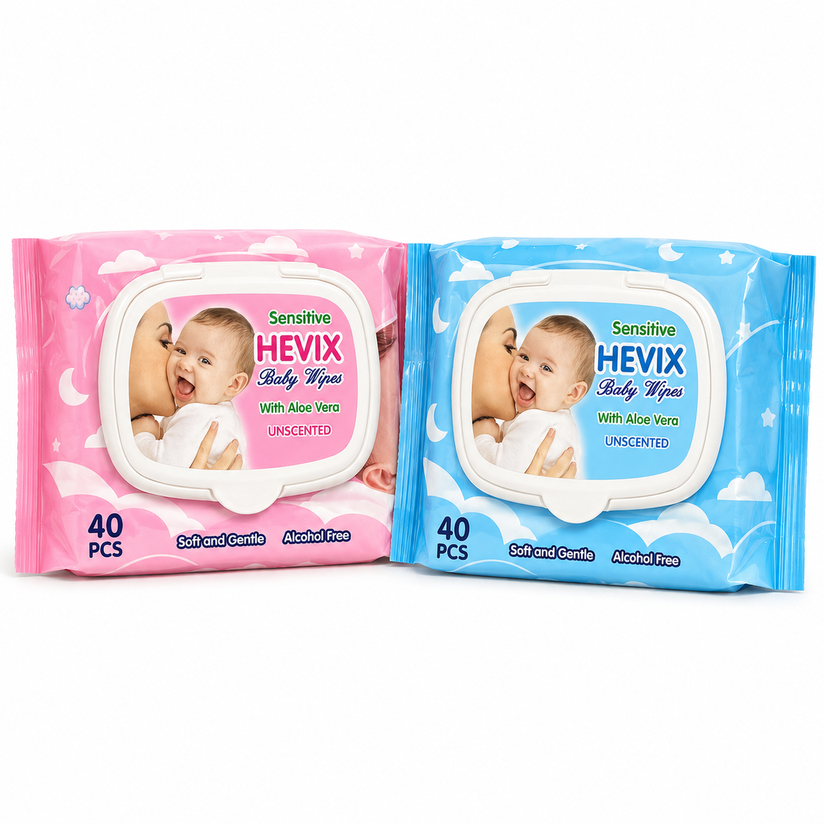 40 Unscented Sensitive Baby Wipes with Aloe Vera | Pink & Blue Packs