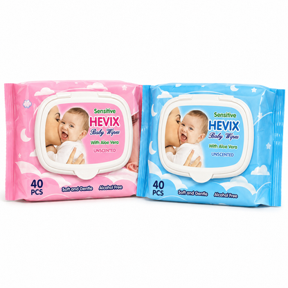 40 Unscented Sensitive Baby Wipes with Aloe Vera | Pink & Blue Packs