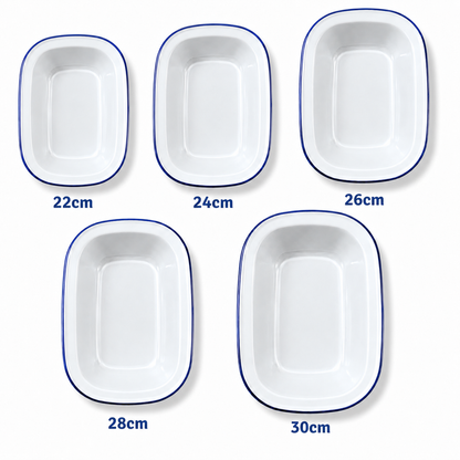 Enamel Pie Dish – White with Blue Rim | 22-32cm Sizes