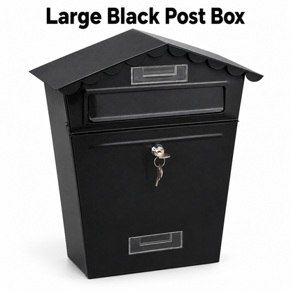 Large Black Steel Post Box with Lock – 34cm
