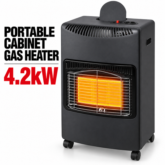 Single 4.2kW Portable Gas Heater with Hose & Regulator – Black