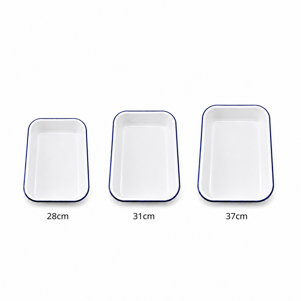 Enamel Bake Pan White with Blue Rim – 28cm, 31cm & 37cm