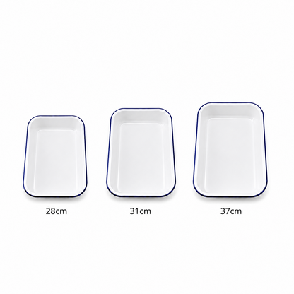 Enamel Bake Pan White with Blue Rim – 28cm, 31cm & 37cm