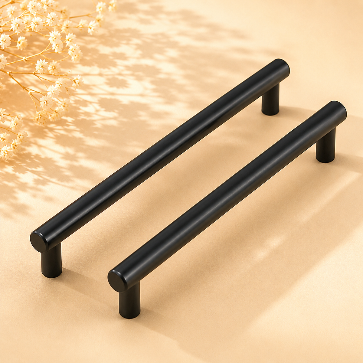 2-Piece 200mm Black T-Bar Cabinet Pull Handle Set – 128mm Centres