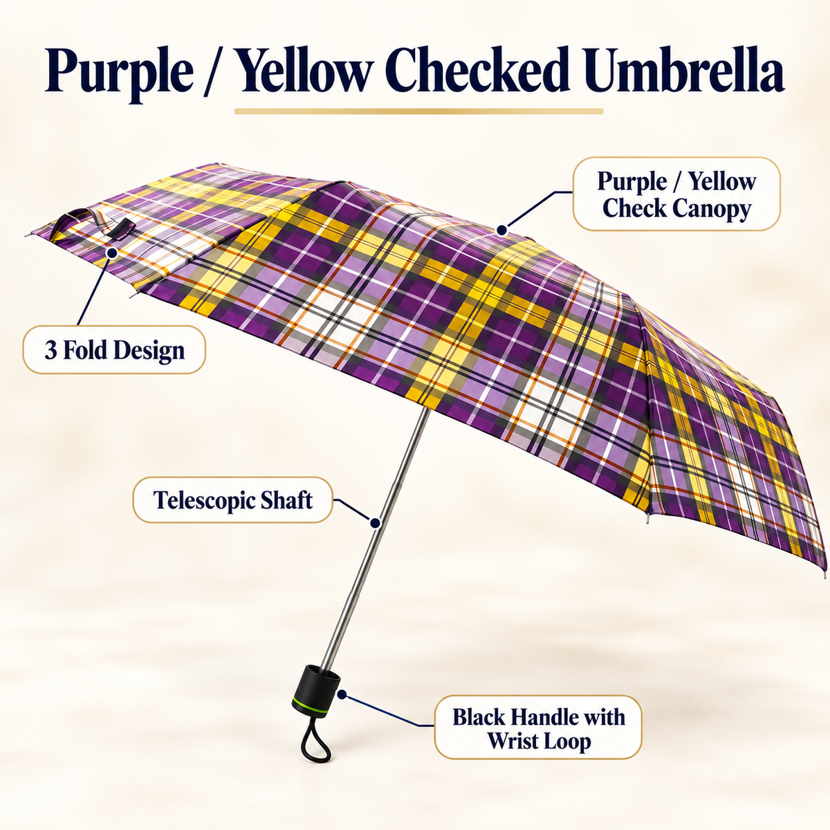 3 Fold Checked Mini Umbrella – Red Navy Purple Yellow Black Grey