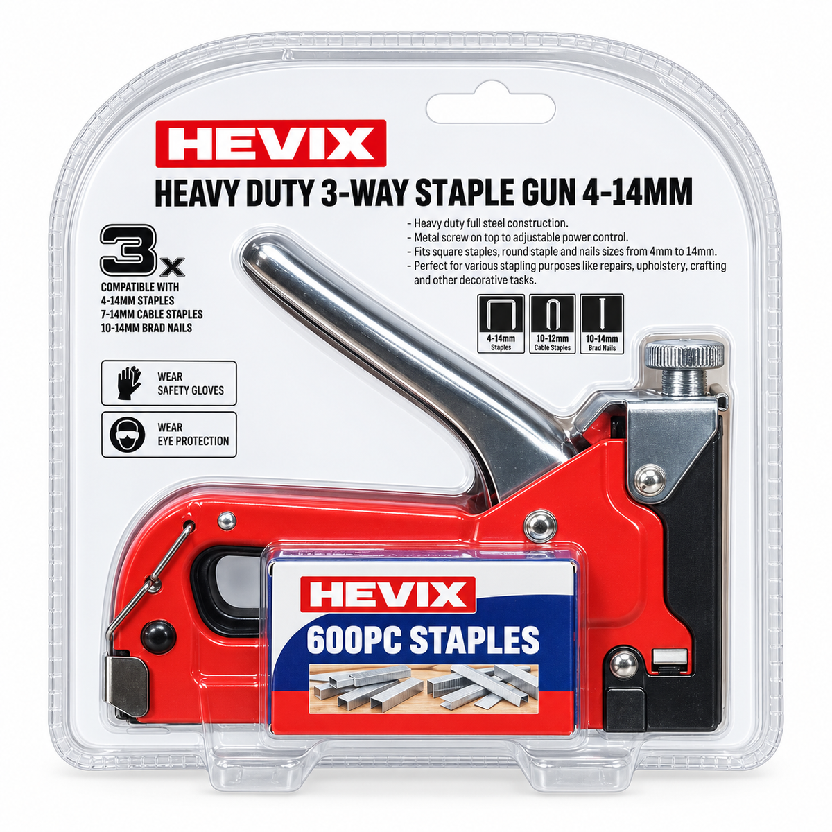 Heavy Duty 3-Way Staple Gun 4-14mm + 600 Staples
