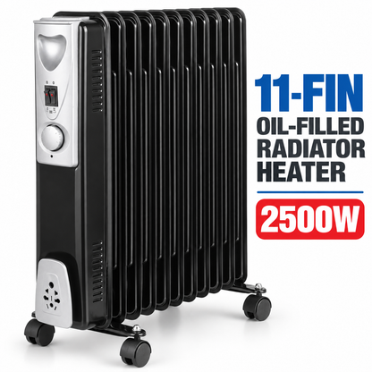 Single 2500W 11-Fin Oil-Filled Radiator Heater – Black