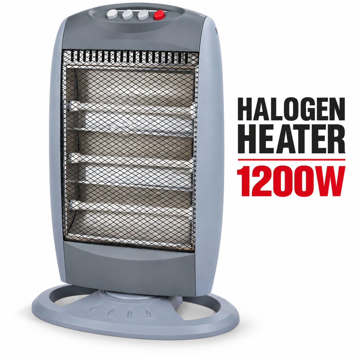 Single 1200W 3-Tube Oscillating Halogen Heater – Light Grey/ Standard
