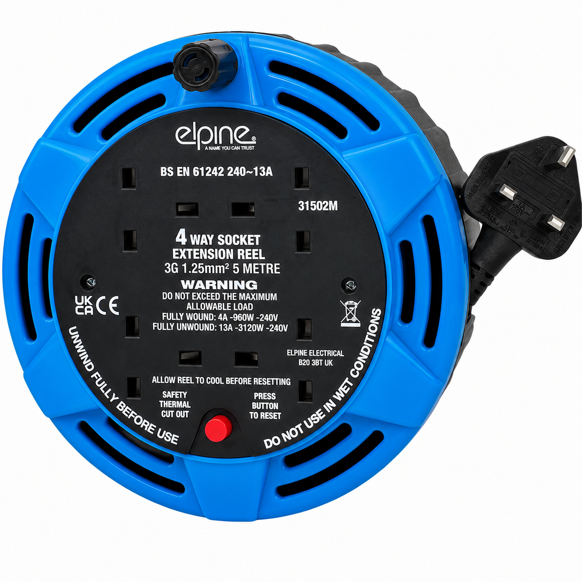 5M 4-Way Extension Cable Reel 13A with 4 UK Plug Sockets