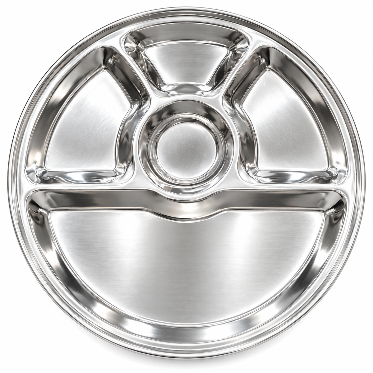 Stainless Steel 5 Compartment Thali Plate – 32.5cm Round Divided Dinner Tray