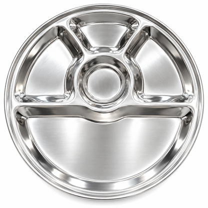Stainless Steel 5 Compartment Thali Plate – 32.5cm Round Divided Dinner Tray
