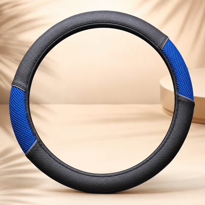 Universal Black Steering Wheel Cover with Red or Blue Mesh Grip – Soft Faux Leather Car Interior Accessory