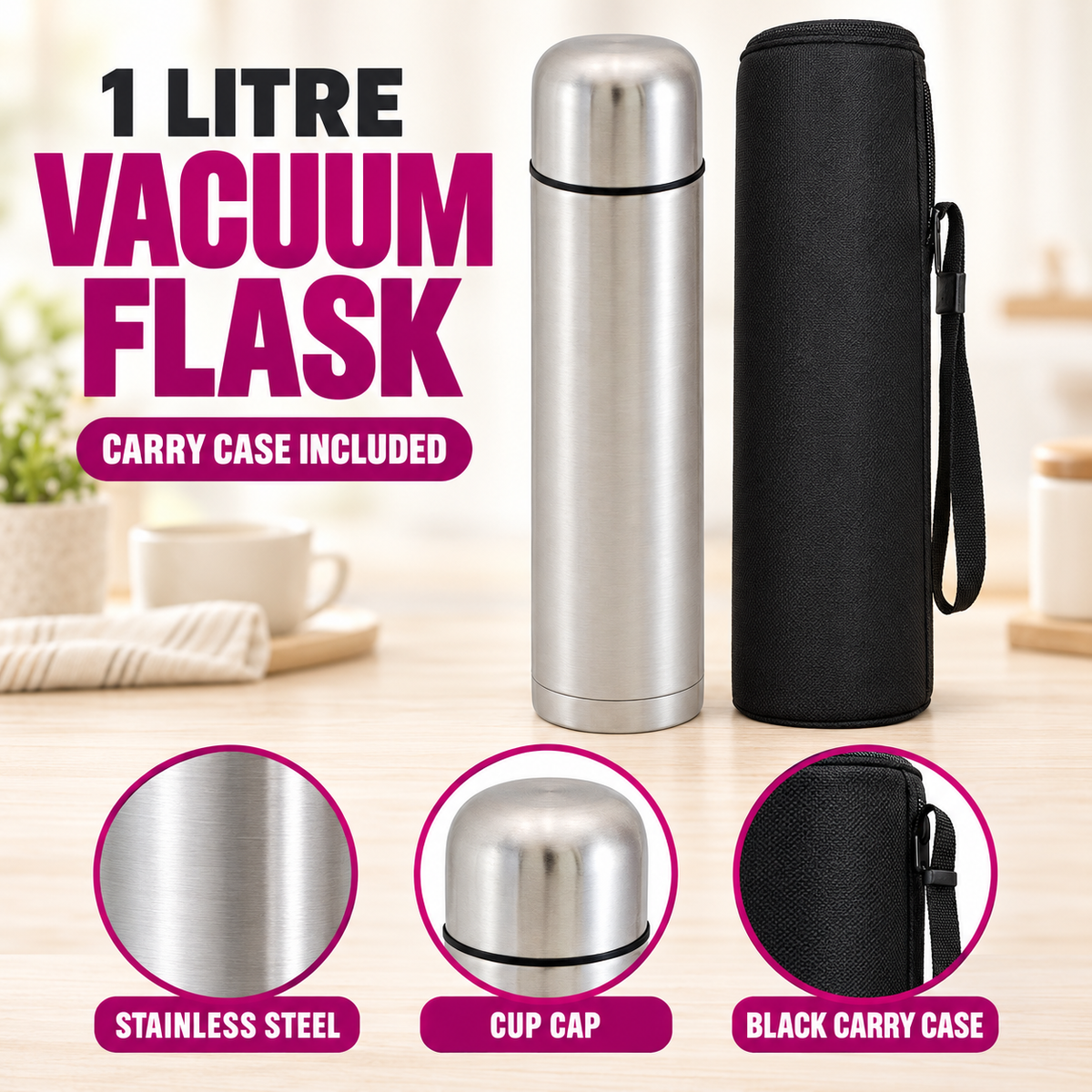 1L Stainless Steel Vacuum Flask with Carry Case