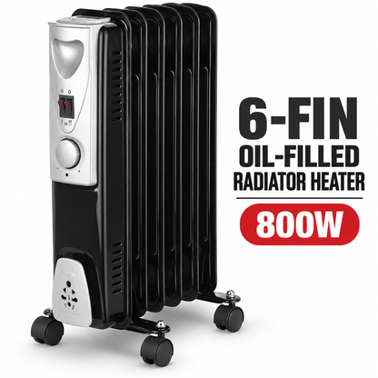 Single 800W 6-Fin Oil-Filled Radiator Heater – Black