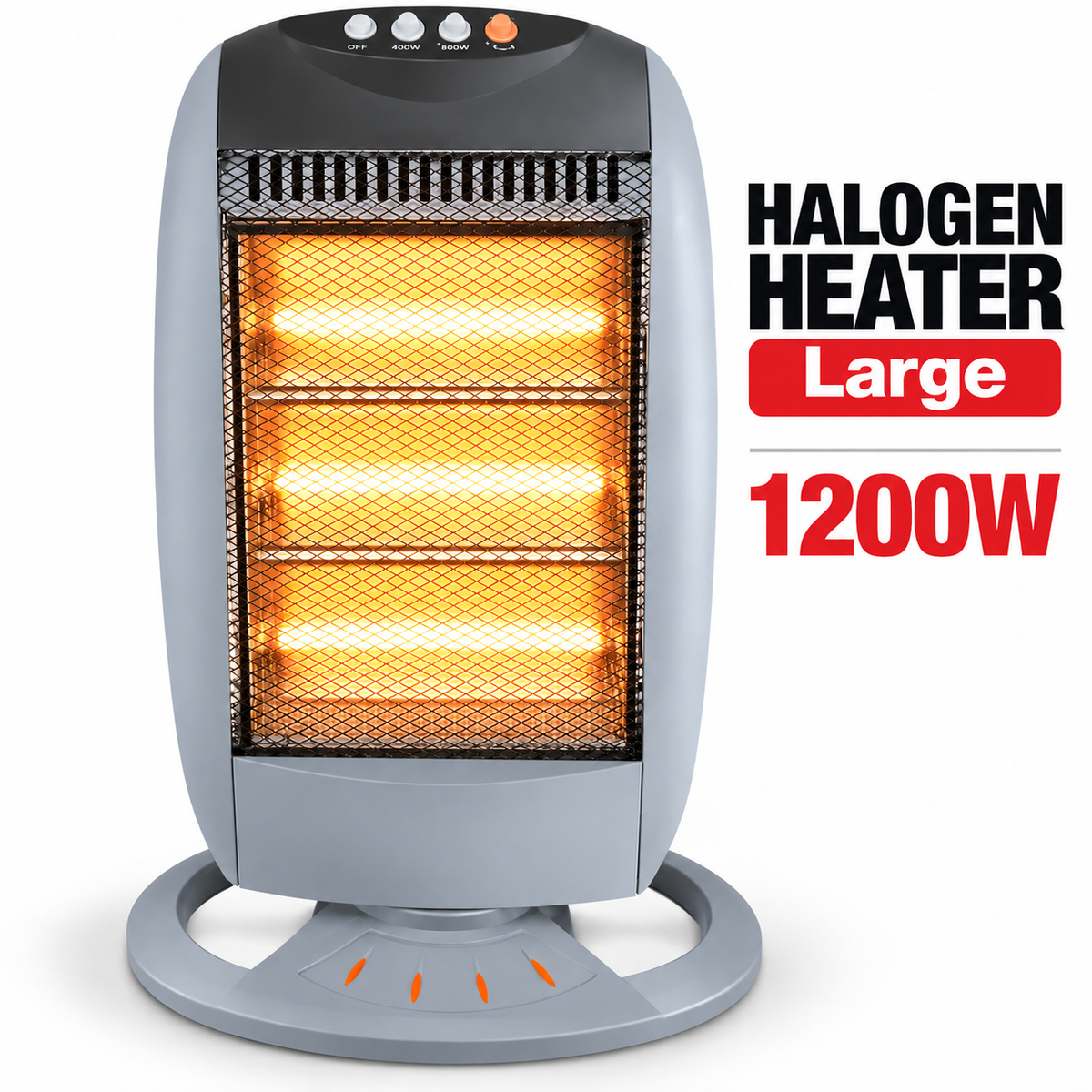 Single 1200W 3-Bar Oscillating Halogen Heater – Grey