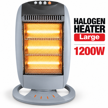 Single 1200W 3-Bar Oscillating Halogen Heater – Grey